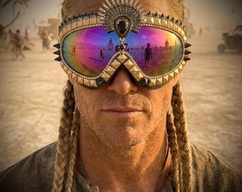 Limited Edition Celtic Shield Festival Goggles | Celtic Sun Beams Goggles | Antique Gold Playa Dust Goggles | Spiked Goggles