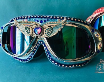 Blue Steampunk Goggles | Blue Rhinestone Goggles | Festival Sunnies | Playa Dust Goggles | Festival Sun Glasses