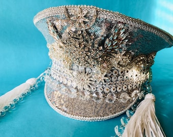 Silver Festival Hat, Crystal Hat, Burning Man Hat, White Captains Hat, Disco Ball Crystal Rhinestone Hat, Wedding Bride Hen