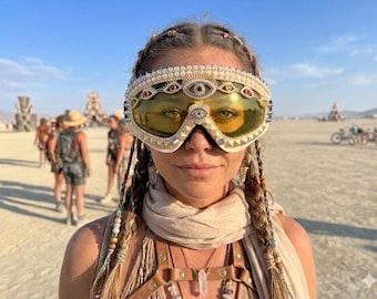 Day to Night Goggles - Boho Style - Evil Eye Third Eye Festival Goggles | Yellow-Amber or Blue lenses Playa Dust Goggles