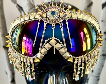 Gold Evil Eye Goggles | Spike Punk Goggles | Third Eye Goggles | Gold Egyptian Goggles | Hamsa | Playa Dust Goggles