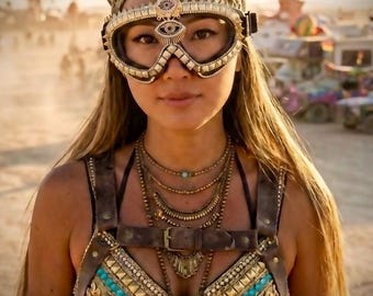 Gold Third Eye Evil Eye Goggles | Spike Punk Goggles | Tribal Egyptian Goggles | Gold Playa Dust Goggles | Festival Goggles