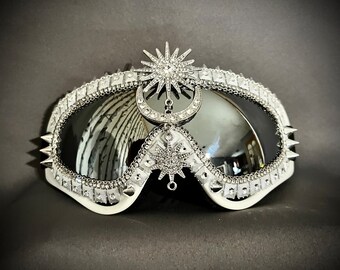 Xena Sterling Silver | Festival Goggles | Silver Star Tribal Moon Sun Goggles | Unisex Ski Spike Punk Dust Goggles