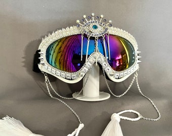 Made-to-Order | Third Eye Evil Eye Goggles | Silver white goggles | Rainbow Mirror goggles | Playa dust goggles
