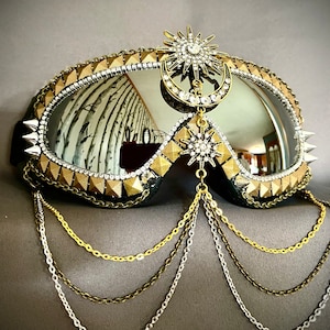 Made-to-Order | Xena Festival Goggles | Tribal Moon Sun Goggles | Tricolor Playa Dust Goggles | Spike Gold Silver Copper Bronze | Face Chain