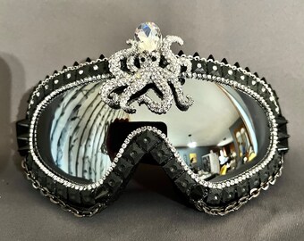 The Abyss Crystal Octopus Goggles | Crystal Rhinestone Squid | Spike Punk Gunmetal Goggles | Silver Black Octopus
