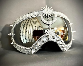 Made-to-Order | Xena XL Goggles | Mirrored Goggles | Spike Punk Goggles | Cracked Ice Silver Goggles | Modern Mens Goggles | Festival Skiing