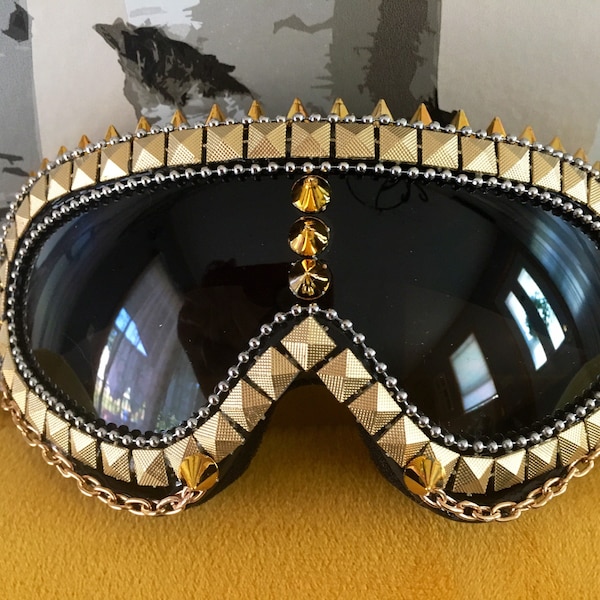 Mojo Rising Gold Chain Goggles | Spike Punk Goggles | Unisex Goggles | Gold Ski Goggles | Dust Goggles | Gold