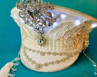 White Festival Hat | White Captain's Hat | White Faux Suede Hat | Light up hat | Wedding Hat | Rhinestone Festival Hat