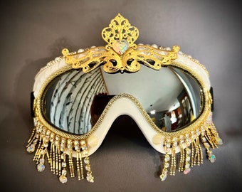 Pearl White Pearl Goggles | Cream and Gold Goggles | Bohemian Goggles | Gypsy Boho Goggles | White Boho Fringe Goggles