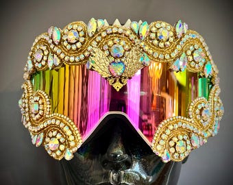 Solaris XL Gold Goggles | Gold Playa Dust Goggles | Gold Crystal Rhinestone Goggles | Gold Crown Gold Headpiece