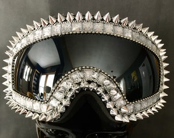 XL Modern Goggles | Mirrored Goggles | Spike Punk Goggles | Cracked Ice Silver Goggles | Modern Mens Festival Goggles