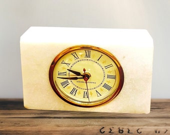 Mid Century MARBLE CLOCK ~ Desk or Mantel TIMEPIECE Set in White Marble ~ Art Deco Styling for Office or Home ~ ca 1950s