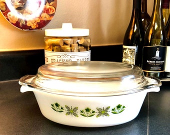 FIREKING CASSEROLE DISH #437 ~ Green Meadow Pattern by Anchor Hocking ~ Large 2 Quart Size in Mint Condition ~ circa 1960