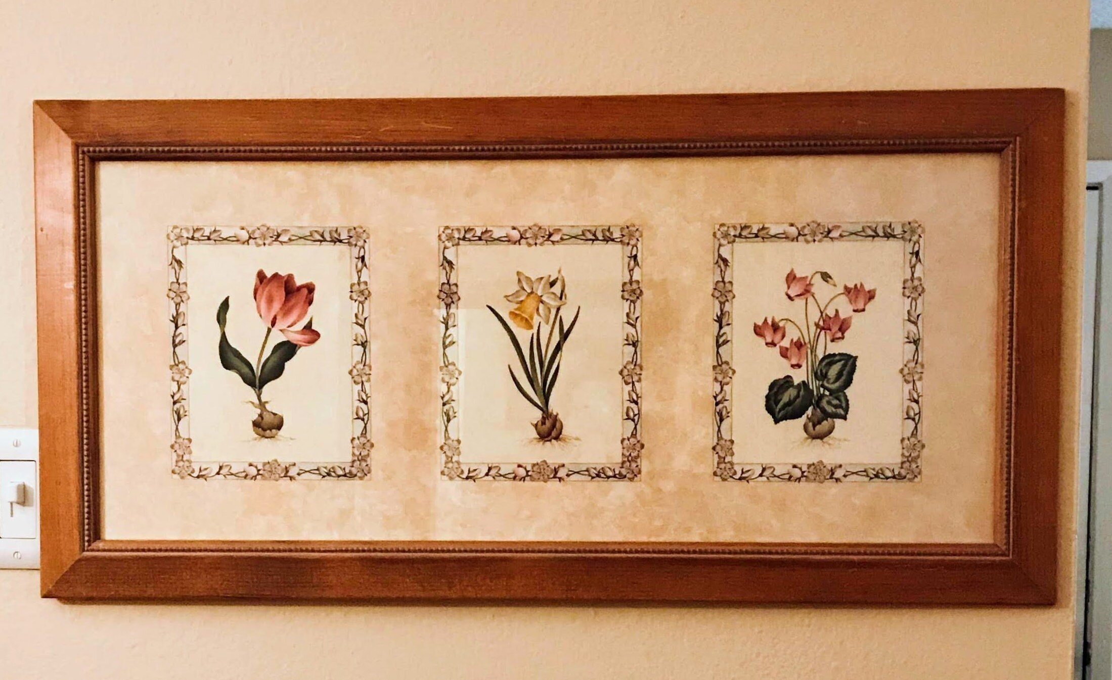 circa 1990 Large Wall Art/Floral Print/Hanging in Wood Frame Depicting Three Individual Flower Varieties