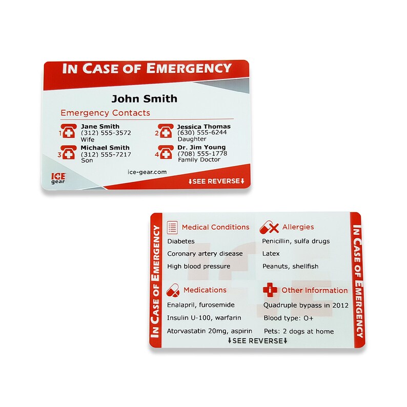 ICE Card In Case of Emergency Card emergency contacts Etsy