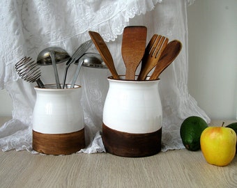 Stoneware utensil holder,Ceramic storage jar,Cottage kitchen decor,Spoon organizer,Rustic utensil crock,Pottery vase