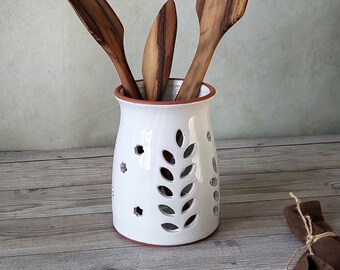 Ceramic utensil holder,White stoneware storage jar,Cottage kitchen decor,Spoon organizer,Rustic utensil crock,Pottery vase,Candle holder