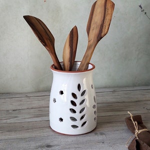 Ceramic utensil holder,White stoneware storage jar,Cottage kitchen decor,Spoon organizer,Rustic utensil crock,Pottery vase,Candle holder