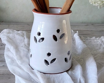 Ceramic utensil holder,White stoneware storage jar,Cottage kitchen decor,Spoon organizer,Rustic utensil crock,Pottery vase