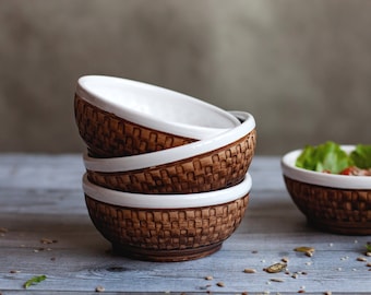 Unglazed stoneware bowl, Rustic salad bowl, Handmade serving pottery, Brown Kitchen dish, Ceramic bowl, Porridge bowl