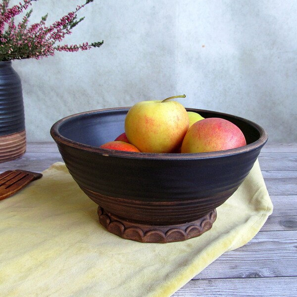 Black salad bowl,Big fruit bowl,Stoneware minimalist matte glazed bowl, ceramic bowl,Ukrainian handmade pottery dish, black brown bowl