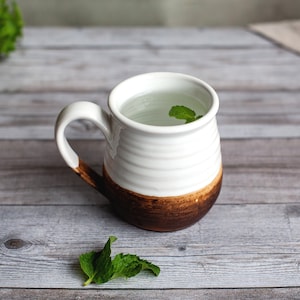 Coffee mug,Stoneware tea mug,Glazed pottery mug,Hand thrown cup,White brown dinnerware,Rustic drinkware,Hand made