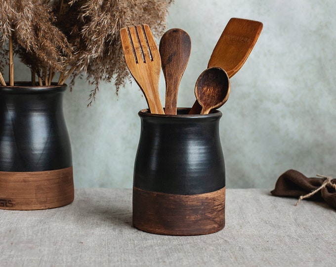 Ceramic utensil holder,Matt black stoneware storage jar,Cottage kitchen decor,Spoon organizer,Rustic utensil crock,Pottery vase