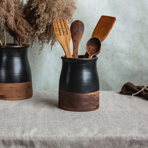 Ceramic utensil holder,Matt black stoneware storage jar,Cottage kitchen decor,Spoon organizer,Rustic utensil crock,Pottery vase