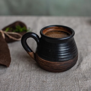 Espresso mug, Matt black stoneware coffee mug, Glazed pottery mug, Hand thrown cup, Black-brown dinnerware, Rustic drinkware, Hand made