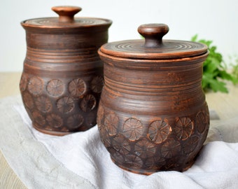 Grande boîte de rangement avec couvercle, récipient de poterie fait à la main, pot en grès rustique, pot en céramique non glacé, boîte de produits en vrac, pot de farine, pot de sucre