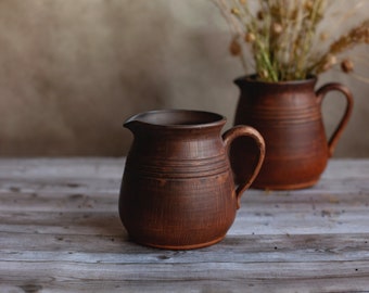 Clay pitcher, Brown stoneware jug, Rustic serving drinkware, Water pitcher,Farmhouse decor,Handmade pottery,Ukrainian dinnerware,Milk jug