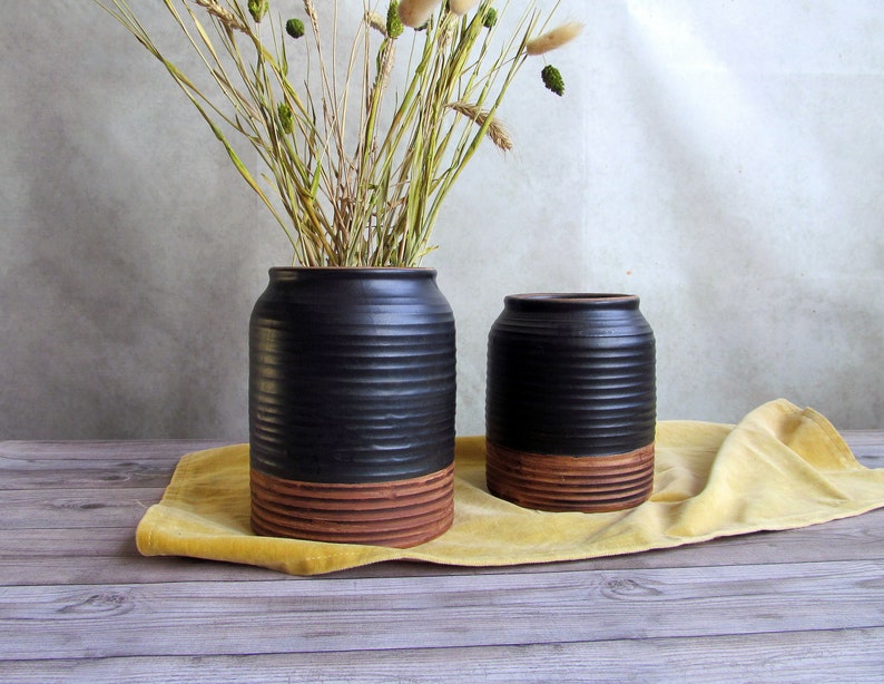 Ceramic utensil holder,Matt black stoneware storage jar,Cottage kitchen decor,Spoon organizer,Rustic utensil crock,Minimalist Pottery vase image 5