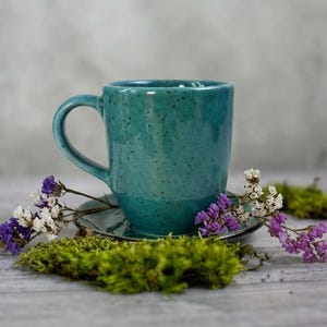 Coffee mug with a saucer, Handmade turquoise stoneware mug, Pottery coffee cup set, Rustic ceramic tea cup, Artisan mug, Coffee lover gift