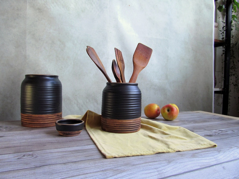 Ceramic utensil holder,Matt black stoneware storage jar,Cottage kitchen decor,Spoon organizer,Rustic utensil crock,Minimalist Pottery vase image 4