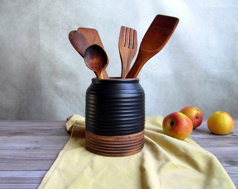 Ceramic utensil holder,Matt black stoneware storage jar,Cottage kitchen decor,Spoon organizer,Rustic utensil crock,Minimalist Pottery vase image 1