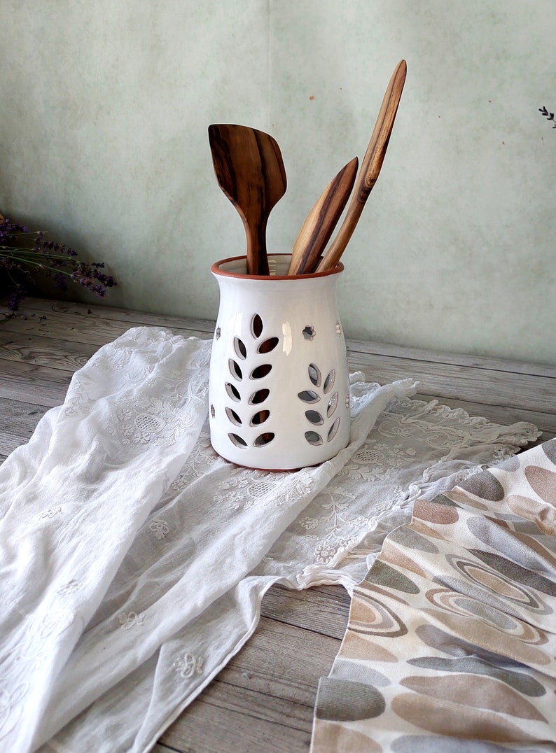 Ceramic utensil holder,White stoneware storage jar,Cottage kitchen decor,Spoon organizer,Rustic utensil crock,Pottery vase,Candle holder image 7