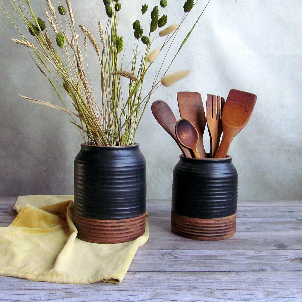 Ceramic Utensil Holder,matt Black Stoneware Storage Jar,cottage Kitchen Decor,spoon Organizer,rustic Utensil Crock,minimalist Pottery Vase - Etsy