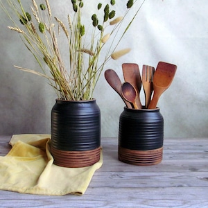 Ceramic utensil holder,Matt black stoneware storage jar,Cottage kitchen decor,Spoon organizer,Rustic utensil crock,Minimalist Pottery vase image 7