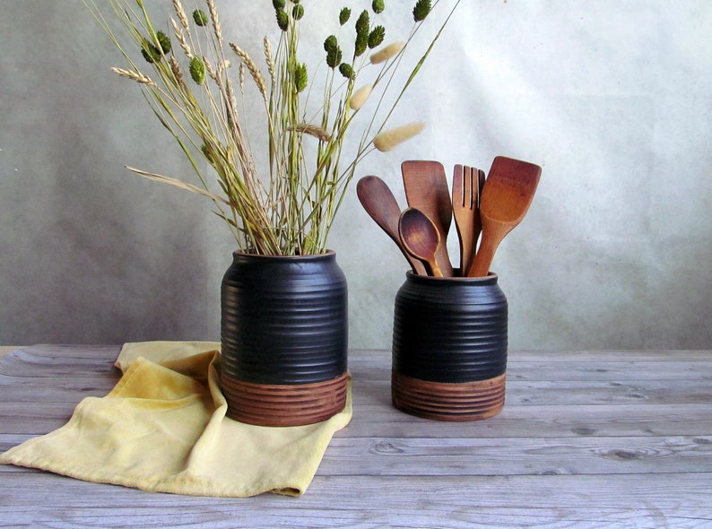 Ceramic utensil holder,Matt black stoneware storage jar,Cottage kitchen decor,Spoon organizer,Rustic utensil crock,Minimalist Pottery vase image 7