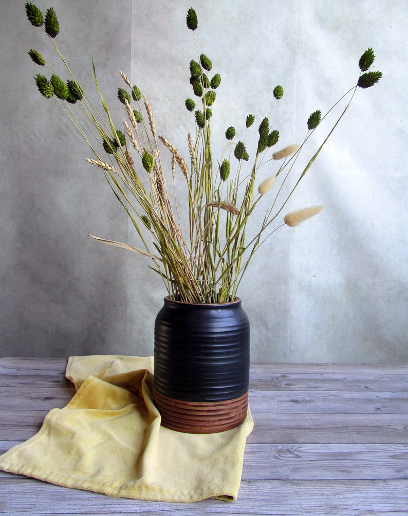 Ceramic utensil holder,Matt black stoneware storage jar,Cottage kitchen decor,Spoon organizer,Rustic utensil crock,Minimalist Pottery vase image 6