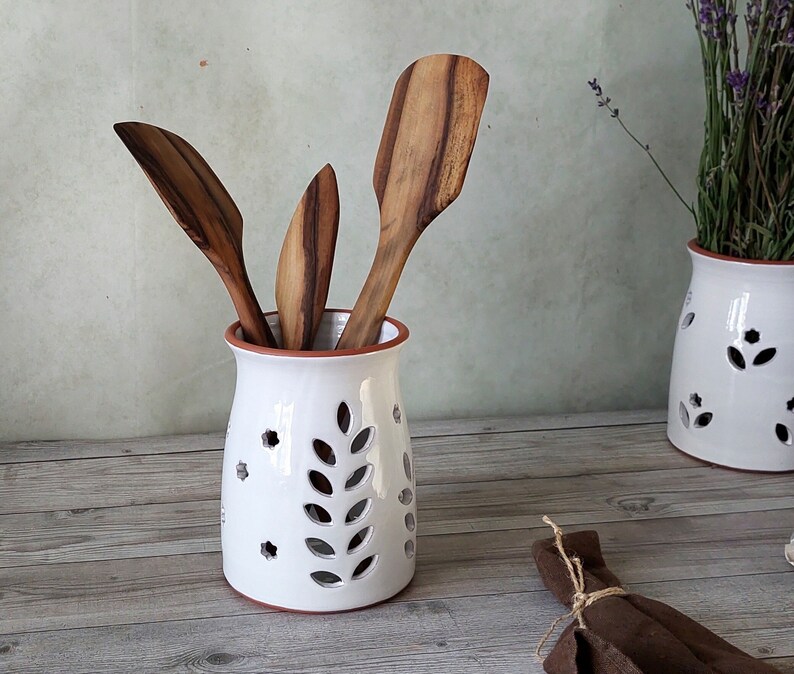 Ceramic utensil holder,White stoneware storage jar,Cottage kitchen decor,Spoon organizer,Rustic utensil crock,Pottery vase,Candle holder image 1