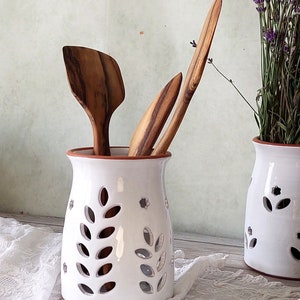Ceramic utensil holder,White stoneware storage jar,Cottage kitchen decor,Spoon organizer,Rustic utensil crock,Pottery vase,Candle holder image 4