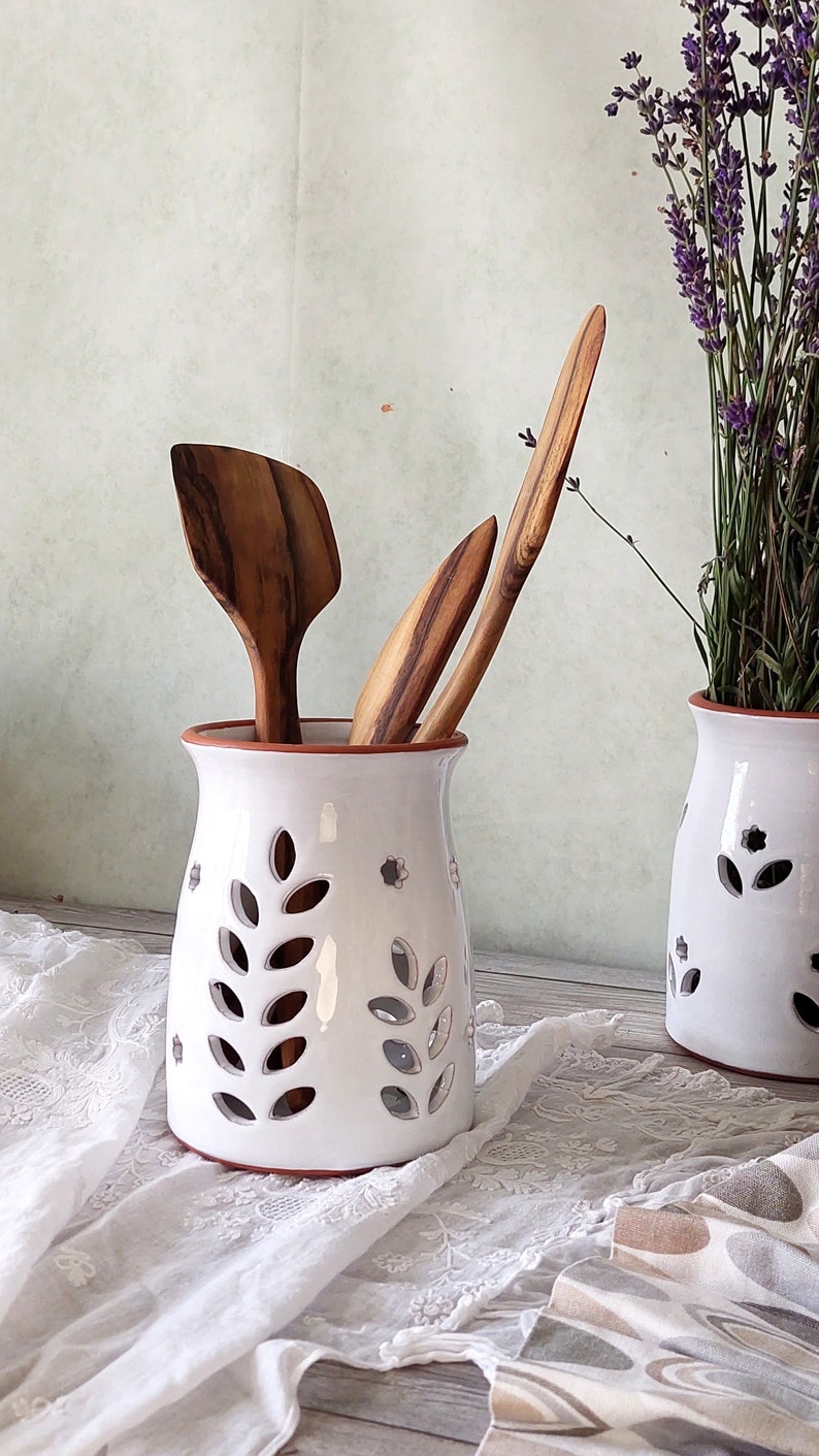 Ceramic utensil holder,White stoneware storage jar,Cottage kitchen decor,Spoon organizer,Rustic utensil crock,Pottery vase,Candle holder image 4