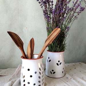 Ceramic utensil holder,White stoneware storage jar,Cottage kitchen decor,Spoon organizer,Rustic utensil crock,Pottery vase,Candle holder image 2