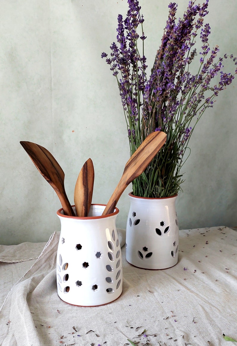 Ceramic utensil holder,White stoneware storage jar,Cottage kitchen decor,Spoon organizer,Rustic utensil crock,Pottery vase,Candle holder image 2