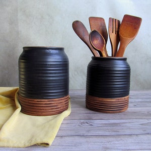 Ceramic utensil holder,Matt black stoneware storage jar,Cottage kitchen decor,Spoon organizer,Rustic utensil crock,Minimalist Pottery vase image 2