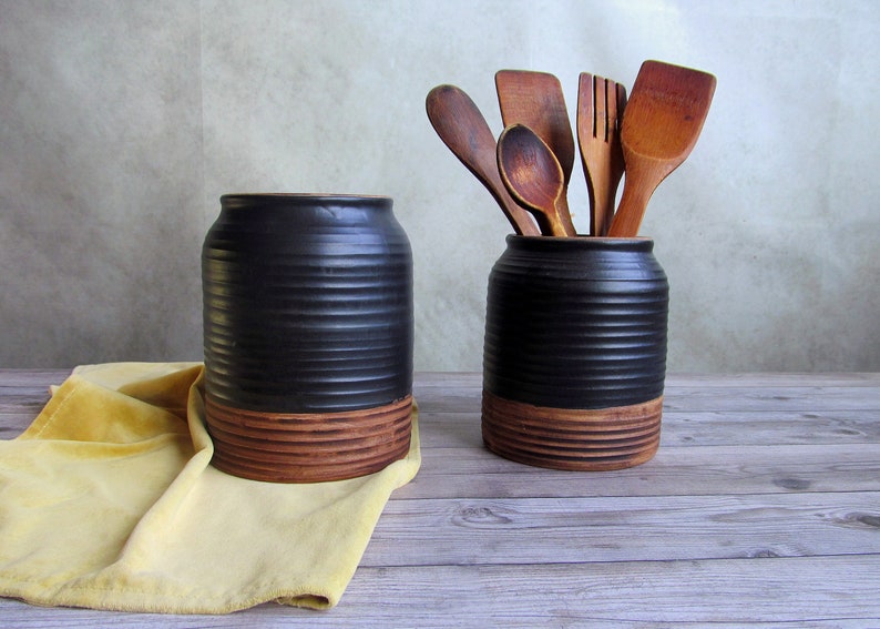 Ceramic utensil holder,Matt black stoneware storage jar,Cottage kitchen decor,Spoon organizer,Rustic utensil crock,Minimalist Pottery vase image 2