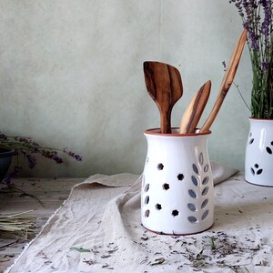 Ceramic utensil holder,White stoneware storage jar,Cottage kitchen decor,Spoon organizer,Rustic utensil crock,Pottery vase,Candle holder image 6