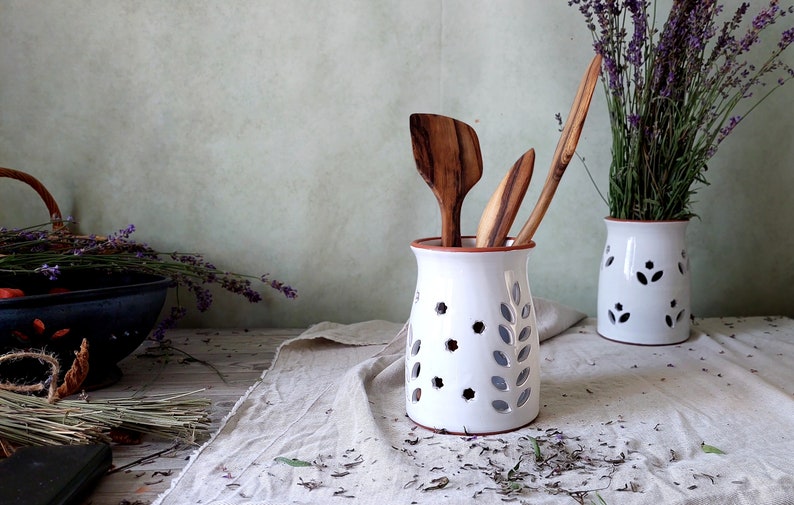 Ceramic utensil holder,White stoneware storage jar,Cottage kitchen decor,Spoon organizer,Rustic utensil crock,Pottery vase,Candle holder image 6